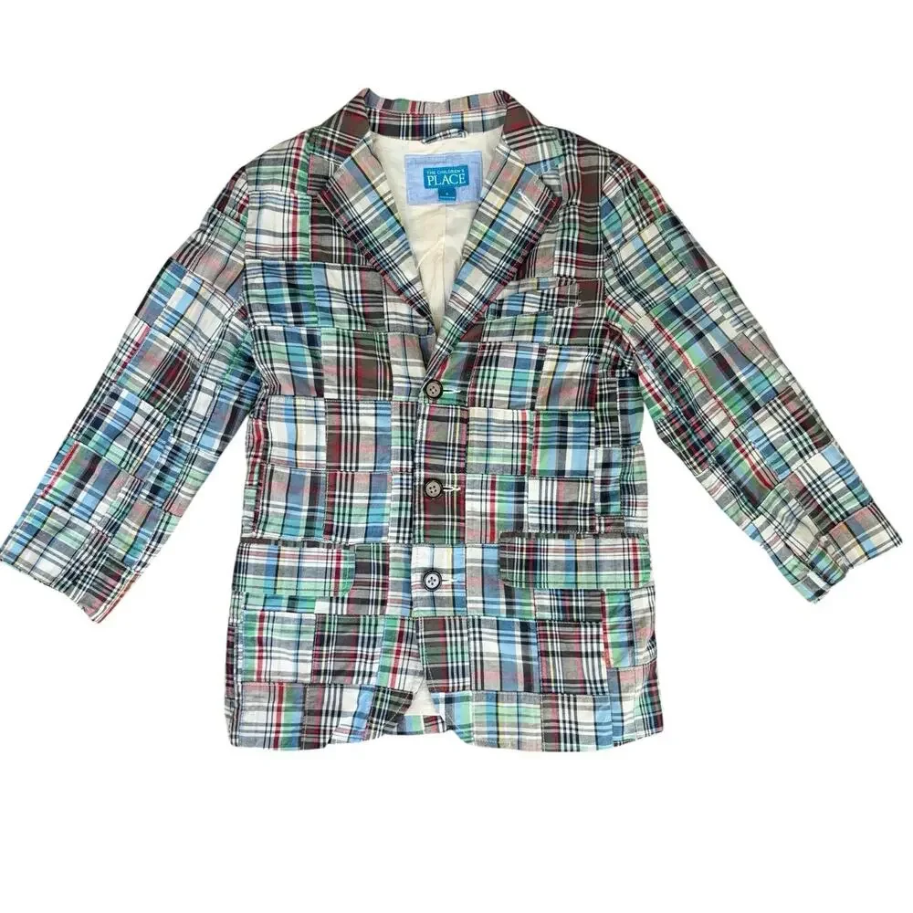 Childrens Place Patchwork Blazer Jacket Boys Size 6 Madras Kids Preppy